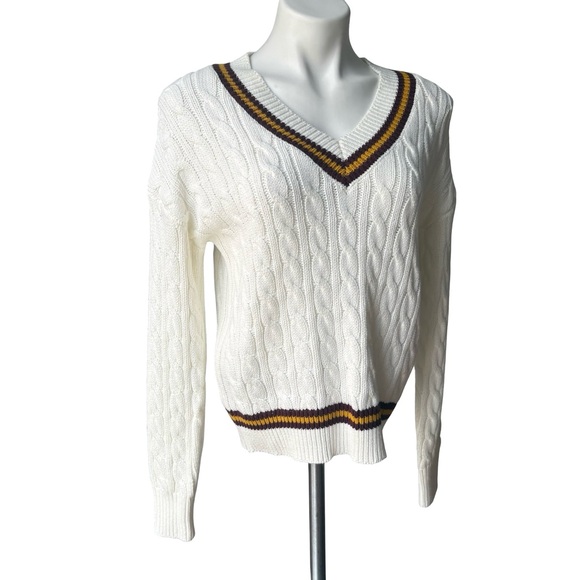 NWT, 1. State White Cable Knit V Neck Preppy Tennis Academia Sweater, Sz XS - Picture 5 of 13